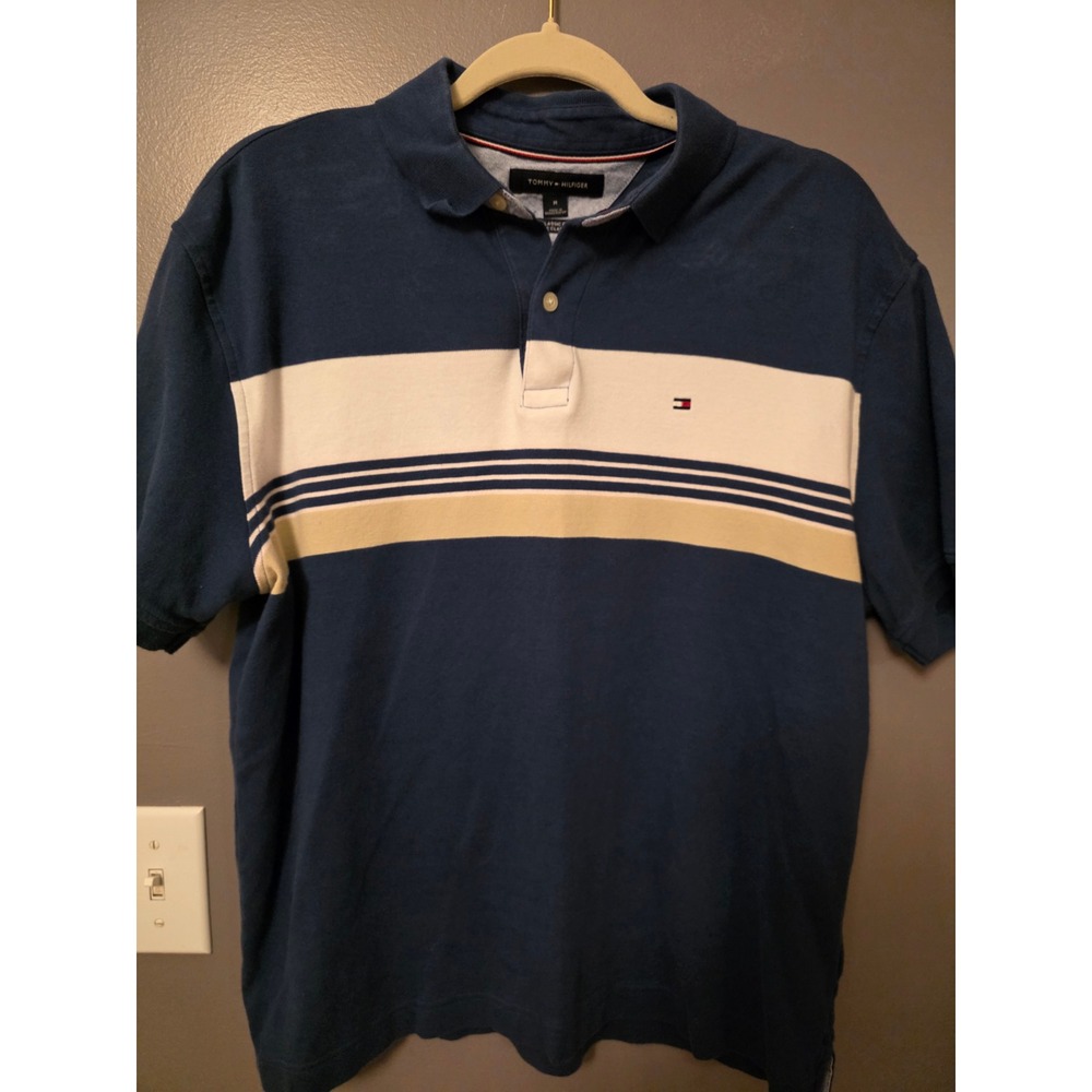 Tommy Hilfiger Mens Classic Fit Polo Shirt Navy Blue Striped Colorblock Medium